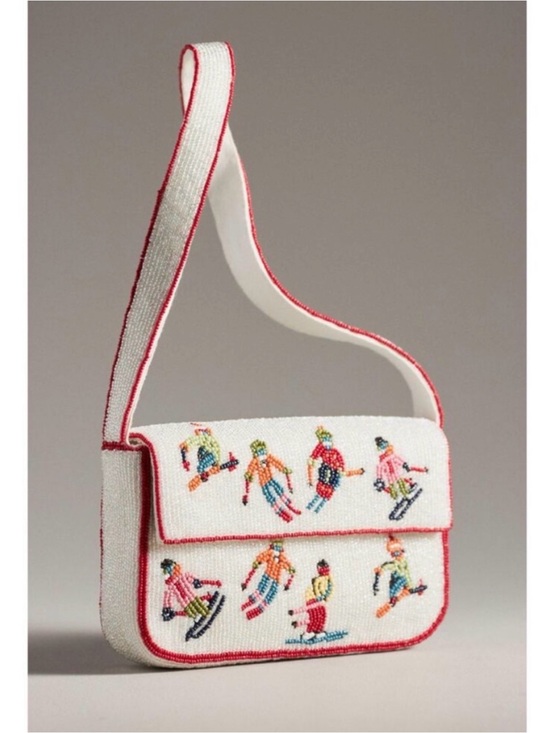 Anthropologie Handbags - NWT Anthropologie First Edition Fiona White Beaded Ski Motif Bag with Red Trim.
